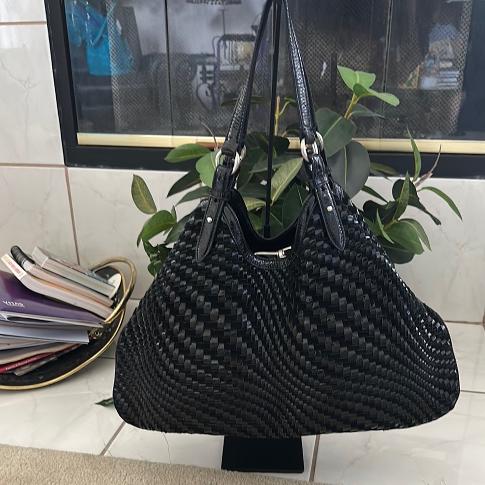 Cole Haan Genevieve Woven Leather Weave Brown Triangle Tote Hand Bag Purse - Picture 5 of 13